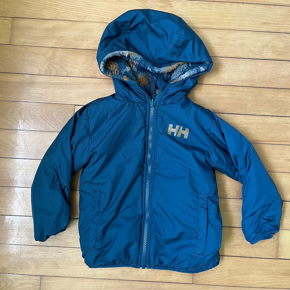 Helly Hansen Kids Reversible Hooded Jacket Teal Blue Camo Fleece Puffer Warm